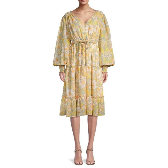 Rachel Parcell Daisy Floral Chiffon Drawstring Midi-Dress Light Blue Yellow Med - Picture 2 of 13